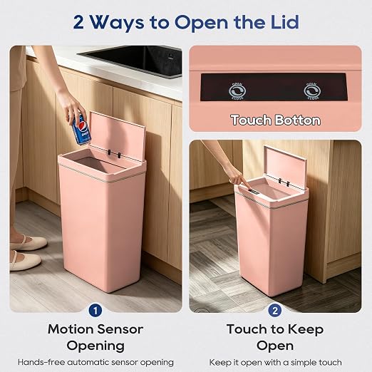 Dopinmin 13 Gallon Trash Can Automatic Trash Can Pink,4 Pack | Touchless Kitchen Garbage Bin with Lid, Smart Motion Sensor Garbage Cans 13 Gallon, 50L Wastebasket for Bathroom Bedroom