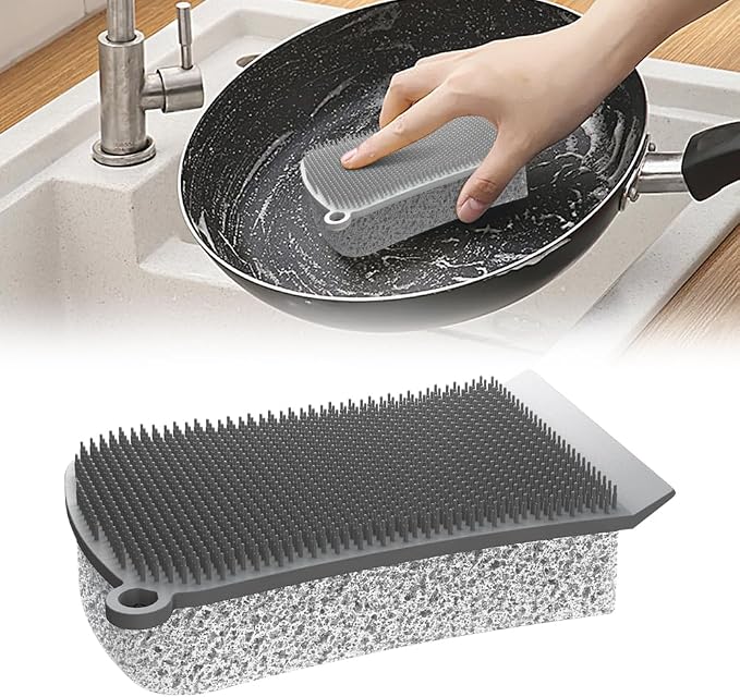 Silicone Dish Scrubber, 3 in 1 Dual Sided Kitchen Scrub Brush, Food Grade Silicone Sponge, Reusable Fast Dry Dishwasher Safe Pad for Dishes, Pots, Fruits, Veggies, Household Surfaces (1, Gray)