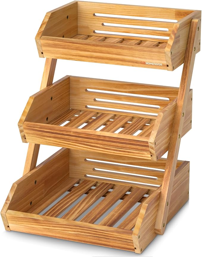 G.a HOMEFAVOR Wooden 3 Tier Fruit Basket, Brown, Pine Wood, Sturdy, Self-assembly | Large Pine Wood Fruit Bowl for Kitchen Countertop, Vegetable Storage and Home Organizer