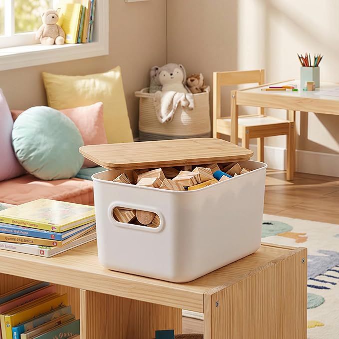 Citylife 7 QT Storage Bins with Bamboo Lids, Stackable with Handles, 4-Pack | Small Plastic Storage Bins with Lids for Toys, Desk Supplies, Snacks, Shelves, and Organizing Small Household Items