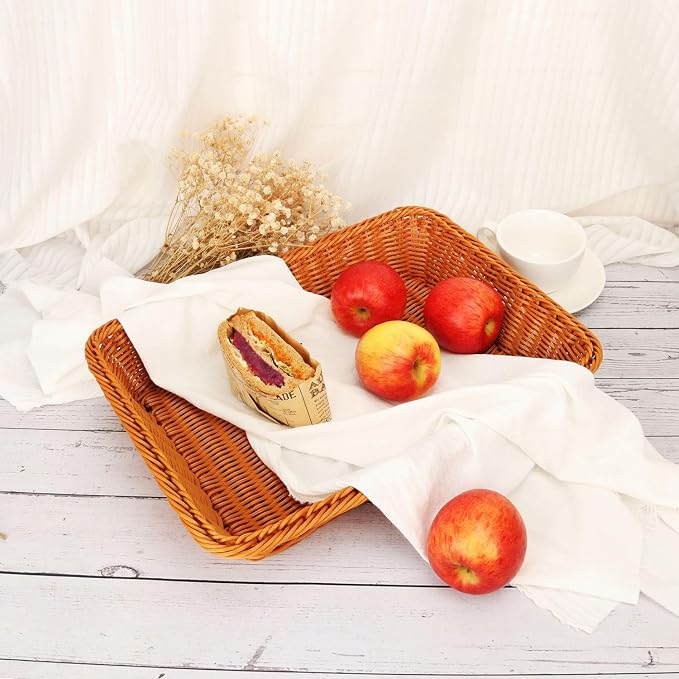 Poly Wicker Baskets 4 Pack 16 inch Brown Large Wicker Baskets Storage – Rustic, Durable & Easy-Cleaning Bread Basket, for Home, Restaurant & Hotel Use