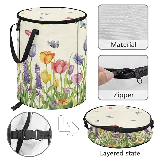 Tulip Butterfly Outdoor Collapsible Trash Can Lightweight & Easy to Carry Pop up Trash Can for Camping Foldable Waterproof Camping Essentials 24 Gal Yard Garden Garbage Bin