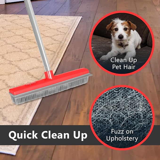 Stanley Home Products Rubber Broom with Adjustable Handle – for Carpets Floors Stairs Upholstery – Electrostatic Action Removes Pet Hair Lint Fuzz Dirt – Built-in Squeegee Tackles Wet Messes
