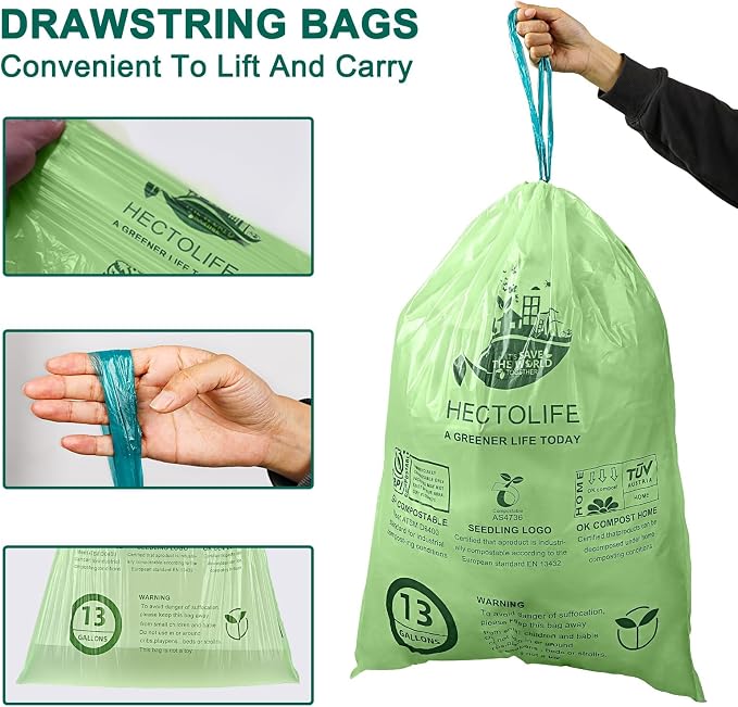 13 Gallon 200 Count Compostable Trash Bags with Home | Multi-scenario usage, Compostable,Large capacity,ASTM D6400,US BPI and Europe OK Compost Home Certified