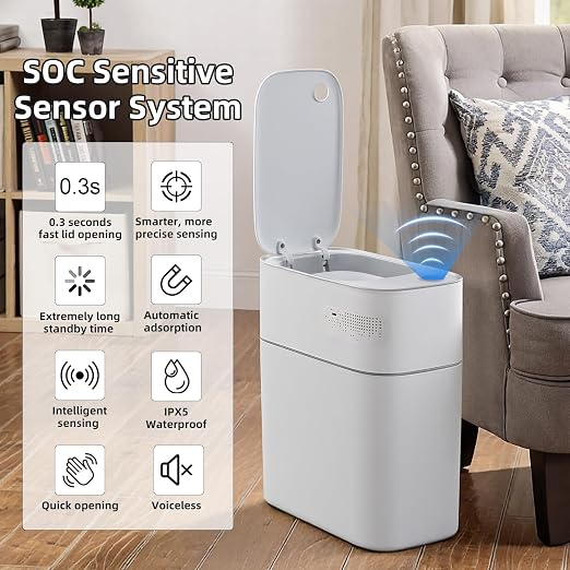 JUDRDO 3.5 Gal Slim Touchless Bathroom Trash Can, Automatic Diaper Pail | Motion sensor opening, automatic liner suction, slim profile for bathrooms, bedrooms, offices, kitchens and nurseries