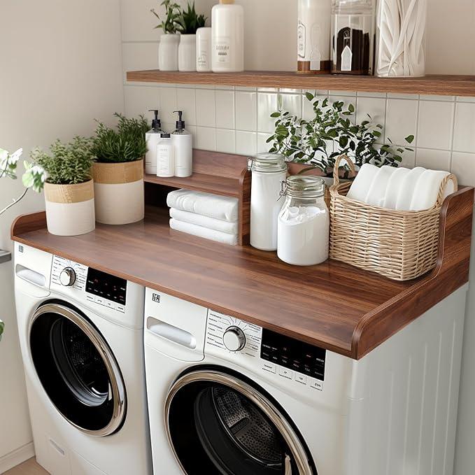 Washer Dryer Countertop 2 Tier 58 inches Wide, Laundry Shelf Topper with Edge, 58" W x 28" D x 12" H Laundry Space Organizer, Dark Walnut