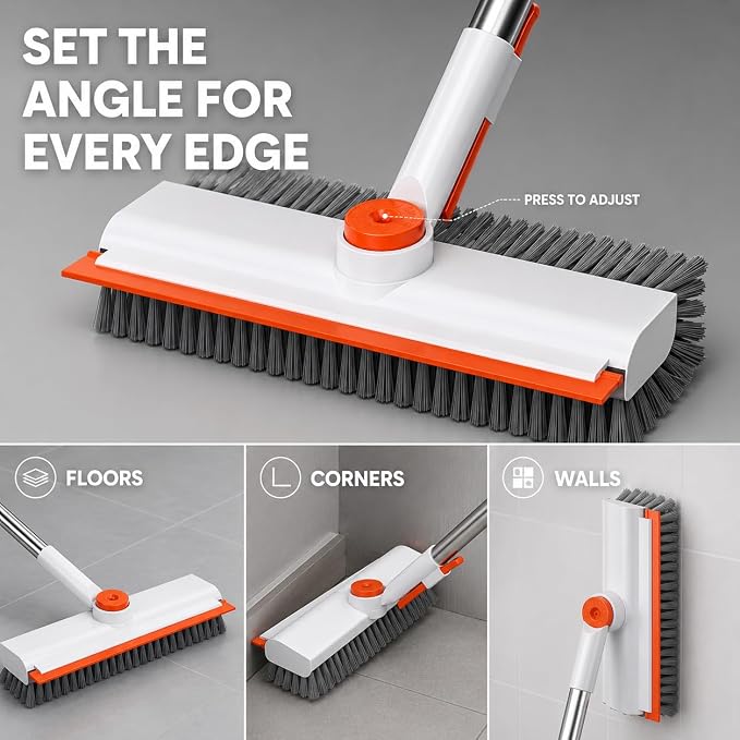 Heavy-Duty Floor Scrub Brush PRO with Long Handle,Squeegee&Stiff Bristles | Stable Locking Swivel Head Every 90°,Reinforced Stainless Pole,50" Long Reach,Indoor&Outdoor Use