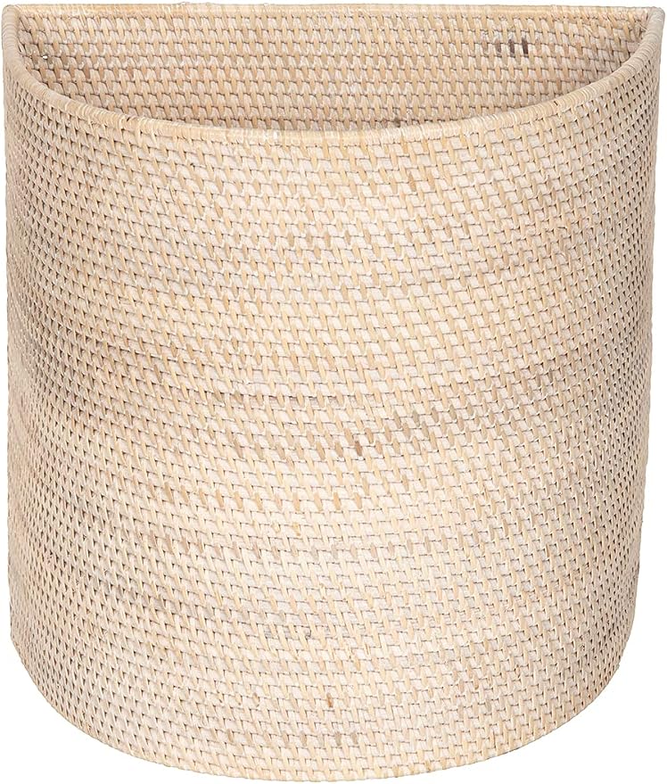 KOUBOO Half-Moon Rattan Waste Basket, Wicker Trash Can, Off White/Latte Bin | Handwoven natural texture, space-saving shape, lightweight construction, ideal for paper and dry household waste