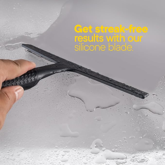 TOOLETRIES The Squeegee & Hook Glass Shower Squeegee – 10 Inch | Silicone grip shower squeegee for glass, mirrors and windows with a matching storage hook.
