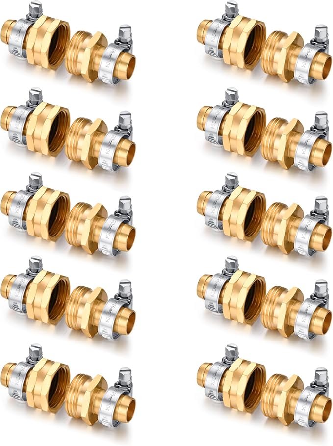 Garden Solid brass Hose Repair Connector with Clamps,Fit for Garden Hose Fitting,Male and Female Hose Fittings 10 Set (5/8"-10 Set)
