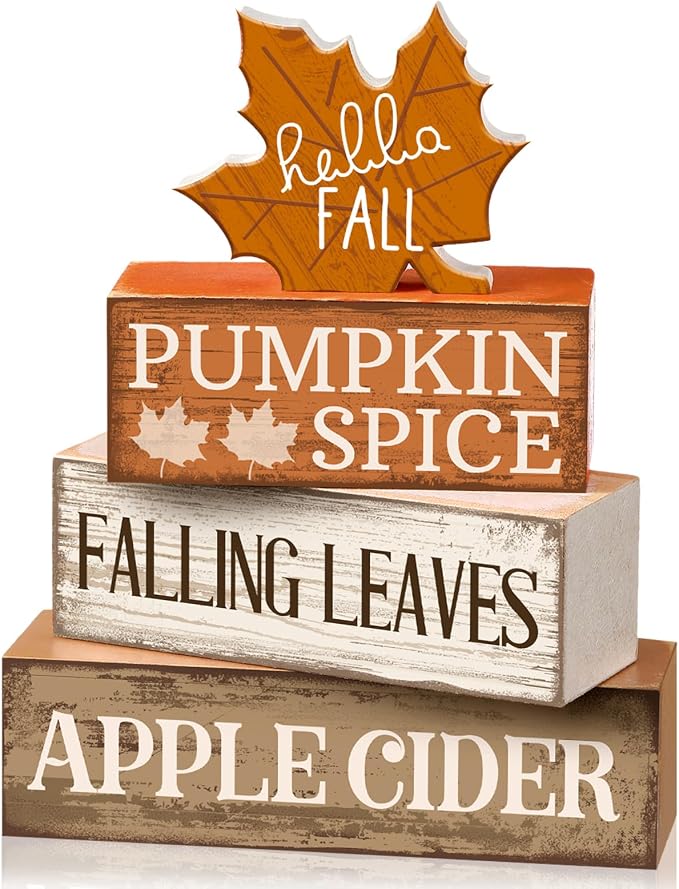 Moucuny 4 Pcs Fall Decor Wooden Maple Leaf Decoration Thanksgiving Decor | Rustic Stackable Blocks with Apple Cider Leaves Sayings,Thanksgiving Table Centerpiece, Farmhouse for Autumn Harvest Party