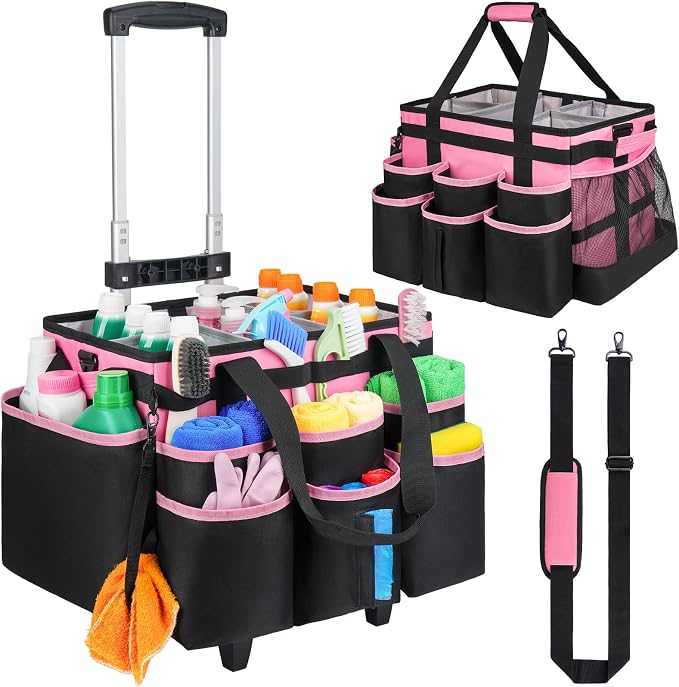 Large Rolling Cleaning Caddy Bag with Detachable Trolley,Cleaning Cart on Wheels with Shoulder Strap,Cleaning Supplies Organizer for Housekeepers,PInk