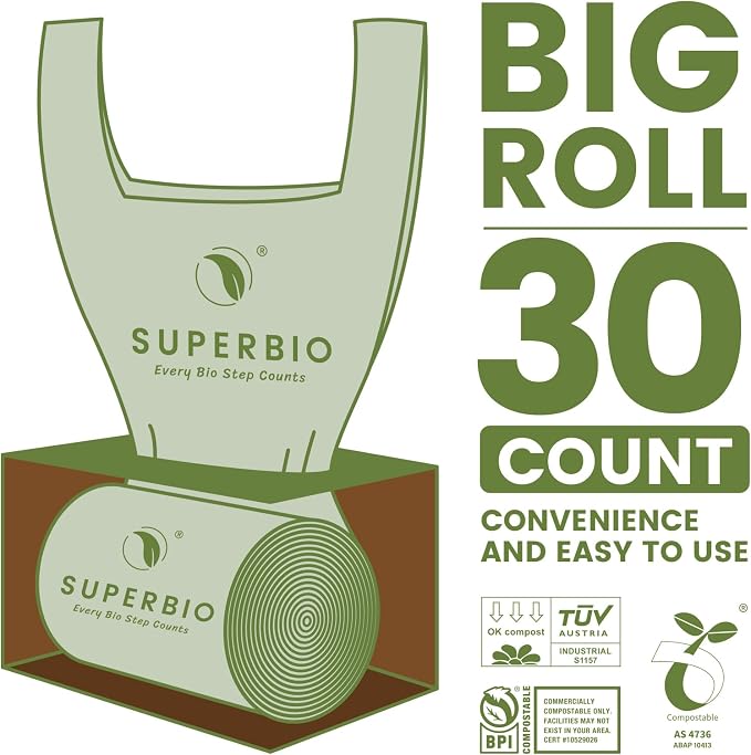 SUPERBIO 13 Gallon Compostable Kitchen Waste Bags with Handles | Food Scrap Bags, Certified by BPI, OK compost HOME, 30 Count, 49.2L