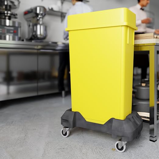 23 Gallon Yellow Rectangular Slim Trash Can with Drop Shot Lid and Dolly | Great for Home, Commercial, or Restaurant Use.