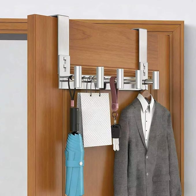 PMMASTO Door Hanger for 1-3/4 Inch Doors, Silver- 5 Hooks, T Shape | Stainless Steel Door Hooks Organize Coats Towels Robes in Bathrooms Bedrooms Closets