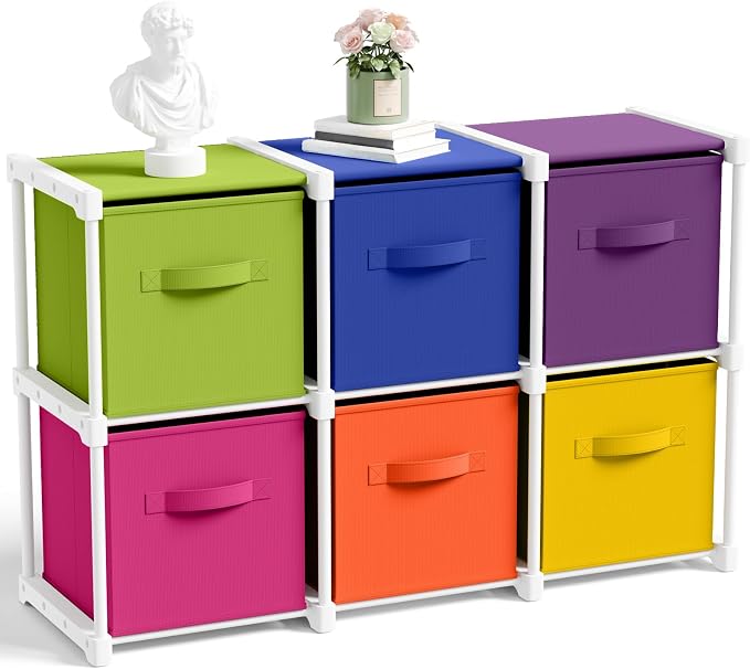 Briwooody 6 Cube Storage Organizer Bins with Shelf, Multicolor | 11x11'', Storage Organizer, Toy Storage Box, Back to School, Dorm Organizer, Fabric Drawers, Playroom Bedroom Storage Cabinet