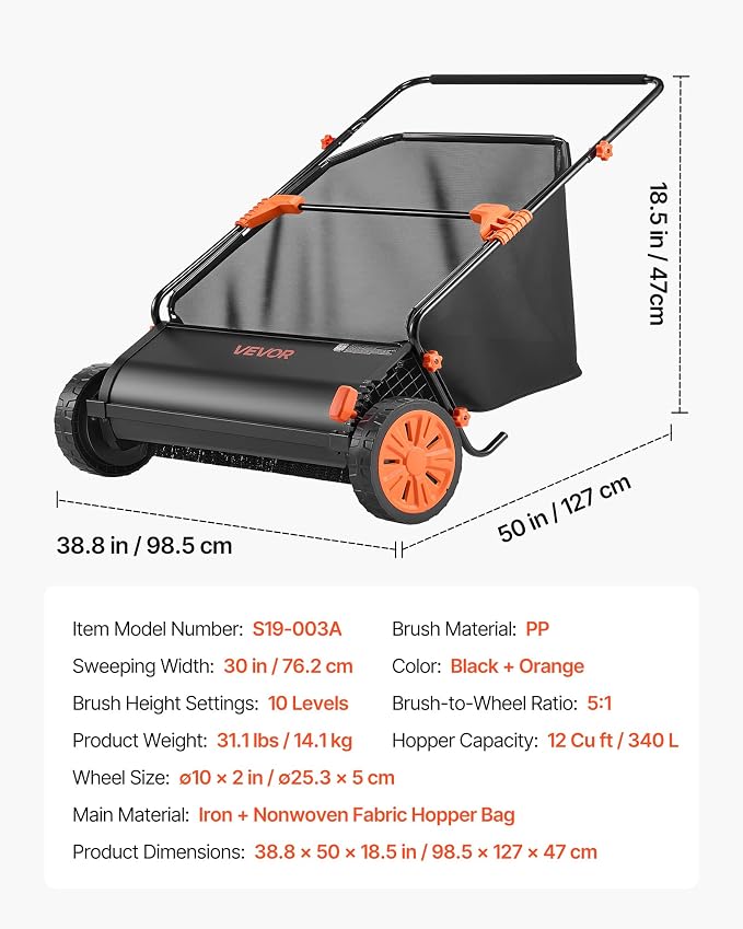 VEVOR Push Lawn Sweeper 30 in Leaf & Grass Collector 12 cu. ft. Hopper Bag | 10-Level Height Adjustable V-Shaped Brushes, Heavy Duty Yard Sweeper for Leaves, Grass Clippings & Pine Needles