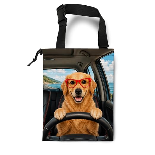 Funny Golden Retriever Car Trash Bag Hanging for Back Seat | Dog Canvas Drawstring Car Garbage Bag with Adjustable Buckle Vehicle Trash Can,Golden Retriever Lover Owner Gifts
