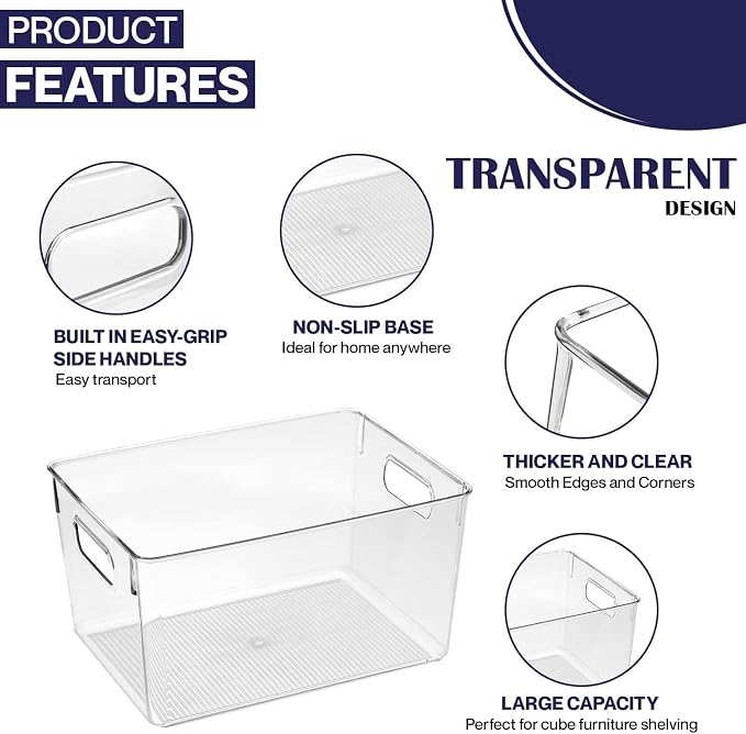 Clear Plastic Storage Bins, Pantry Organizers and Storage Containers Fridge Organizer Bins for Organizing Kitchen Cabinet Organizer Bin Bathroom Freezer Refrigerator Organization