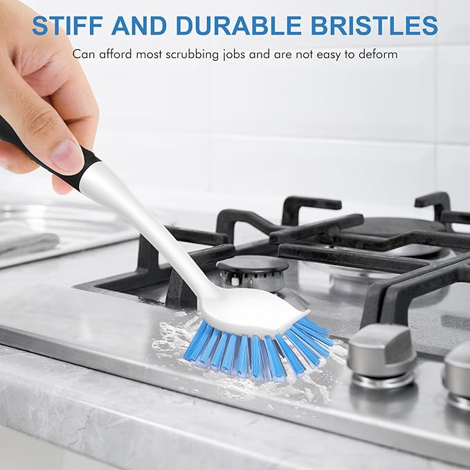 SetSail Dish Brush with Handle, 2 Pack Stiff Bristles Dish Scrubber with Built-in Scraper Dish Scrub Brushes for Cleaning Dishes, Pots and Pans, Kitchen Sink | Built-In Scraper Tip, Non-Slip Rubber Handle, Hanging Loop for Storage Deep Cleaning for Dis...