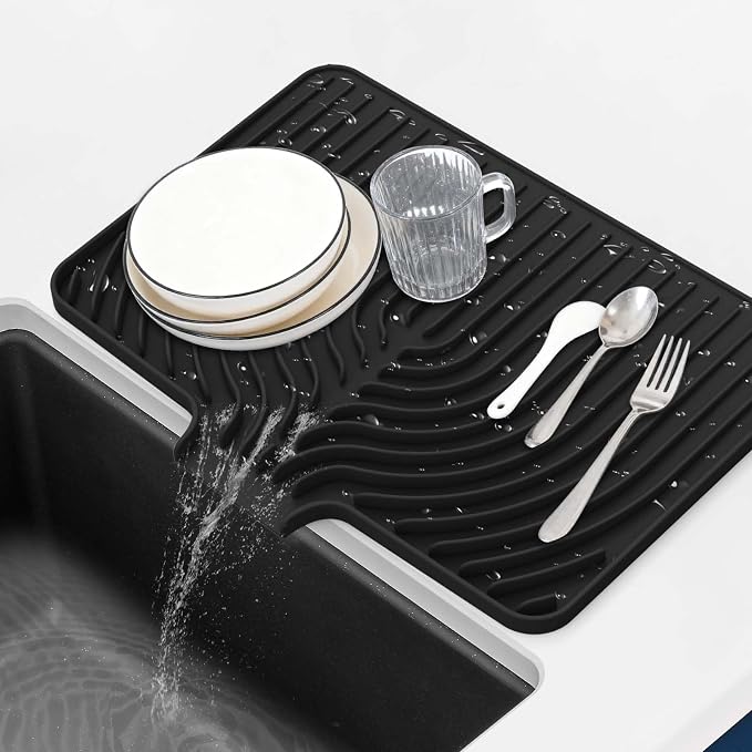 GUUKIN Silicone Dish Drying Mat,17.7" x 11.8 " Drying Matt Kitchen Counter, Dish Drying Rack Mat, Easy Clean Pad for Countertop Protection, Multi-Functional Use, Not applicable Bumps up sink (Black)