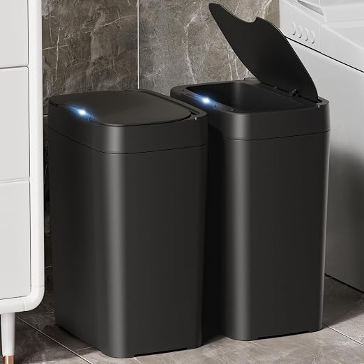 Vanpopubs 2 Pack 2.7 Gal Bathroom Trash Can with Lid, Automatic Trash Can Small Smart Garbage Can Touchless, Slim Motion Sensor Waterproof Plastic Trash Bins for Bedroom Office Kitchen Toilet Black