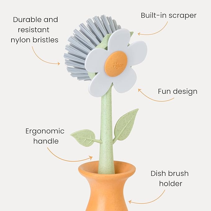 Vigar Florganic Dish Brush with Holder, Dish Scrubber, Orange | Dish Scrubber With Handle, Pot Scrubber, Kitchen Scrub Brush, Dishwashing Brush Tool for Sink Cleaning