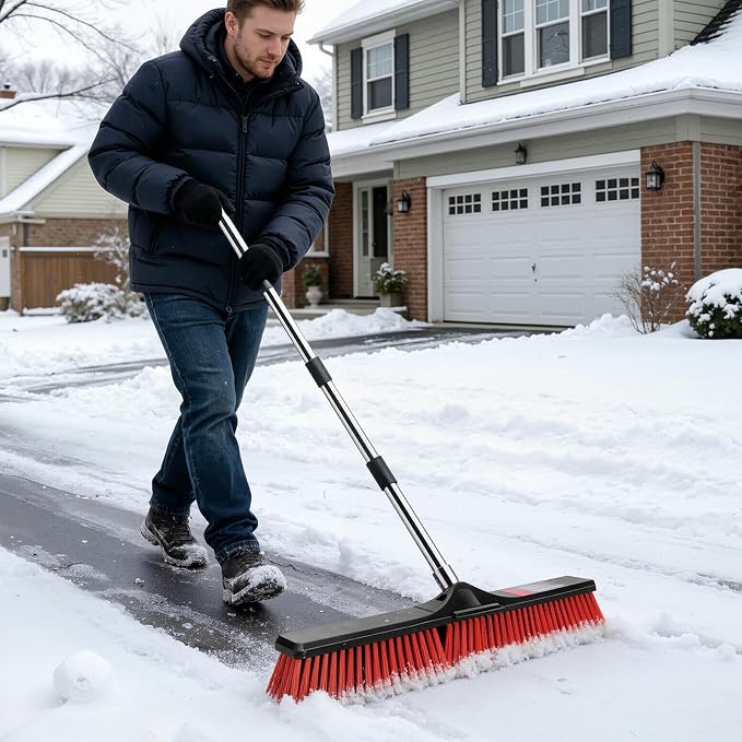 24" Push Broom Outdoor, Heavy Duty Garden Brush Broom with 58" Long Handle | Commercial Outdoor Broom for Deck Driveway Garage Yard Patio Warehouse Concrete Floor Cleaning