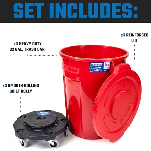 Magnum Red 32 Gallon Trash Can Set (Trash Can, Quiet Dolly, and Reinforced Lid), Construction Grade, Jobsite Ready, Non-Marking Wheels & Casters for Rolling Garbage CMTC-CLD0-32R03 (3 Set)