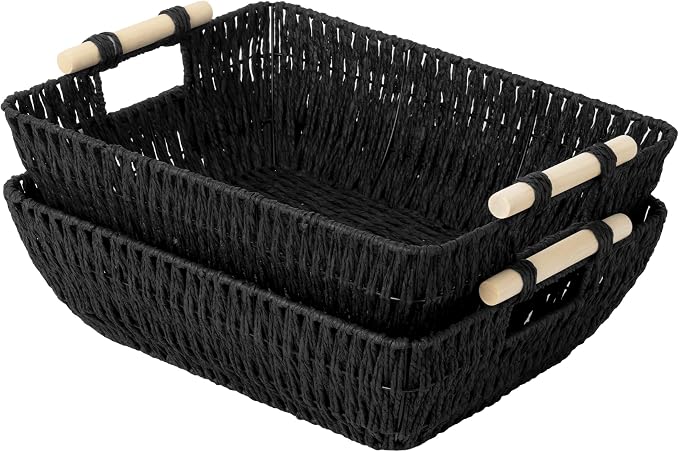 StorageWorks Large Wicker Storage Basket, Paper Rope Storage Baskets, Black | Wicker Storage Baskets for Shelves, Baskets with Wooden Handles, 2-Pack Gifts Basket for Home Decor, Hand-Woven Basket