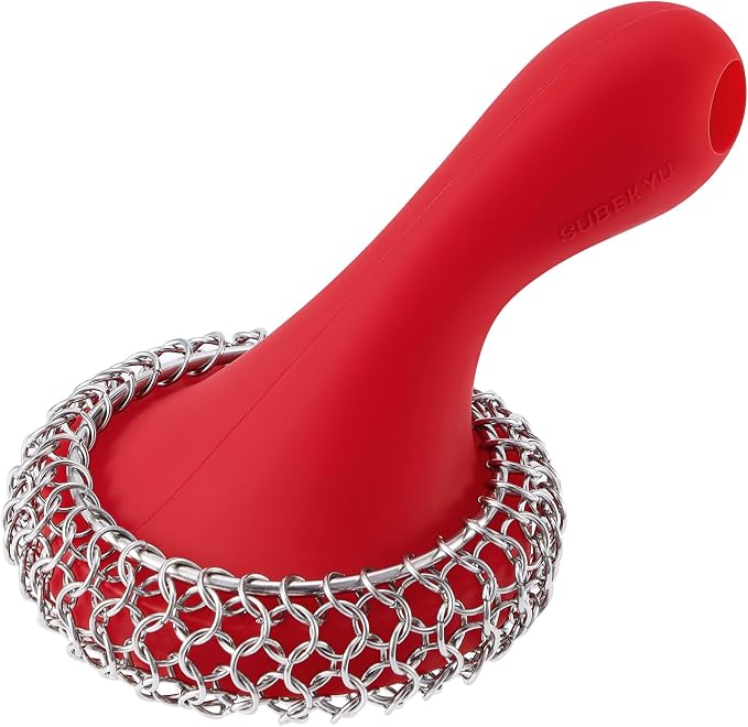 SUBEKYU Cast Iron Scrubber with Silicone Handle, Stainless Steel Cast Iron Skillet Cleaner Chainmail Scrubber for Cast Iron Pans, Red