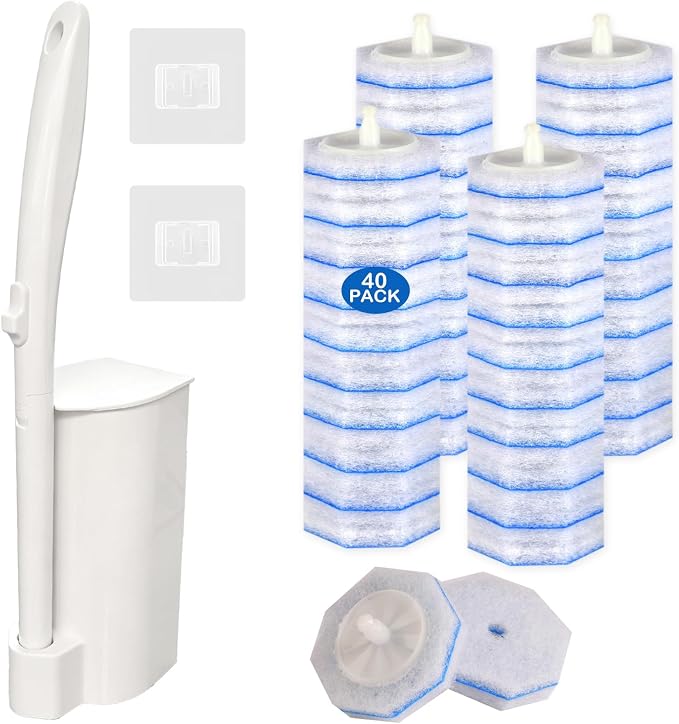 Disposable Toilet Brush and Holder Set, 40 Pre-Filled Refills | 5X Powerful No-Shed Pads, 360° Deep Toilet Bowl Clean, Toilet Bowl Cleaner with Storage Caddy & Adhesive Hooks