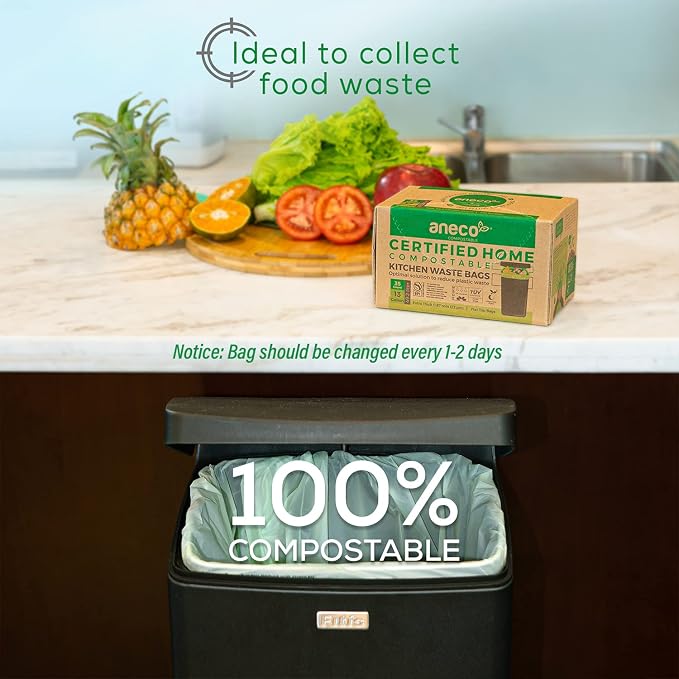 ANECO 100% Compostable Trash Bags 13 Gallon, 35 Count | Extra Thick Kitchen Compost Bags, Large Compostable Bags for Tall Kitchen Bin