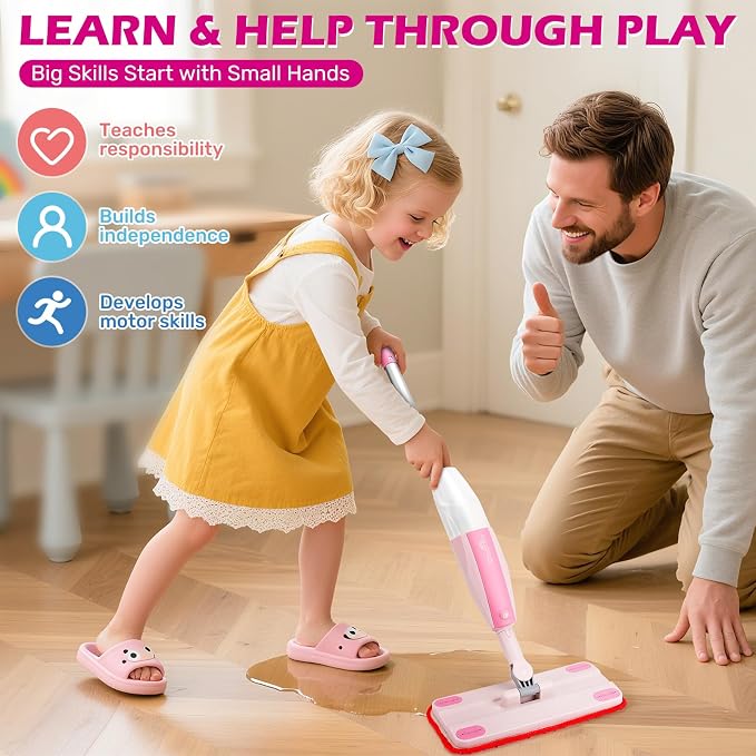 Dreamon Kids Spray Mop - Real Working Toddler Cleaning Set for for Ages 3-7 | Pink Fun & Functional Kids Mop Cleaning Set, Real Working Mini Mop with Spray Bottle, Cleaning Toys Gifts for Kids Girls Boys
