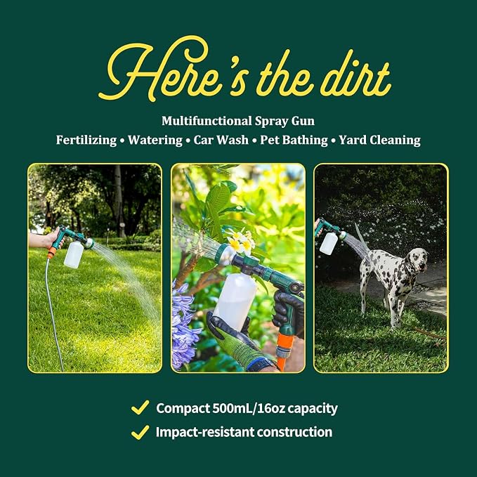 VENETIO 8-Dial Lawn & Garden Sprayer with Quick Connect - 16oz Liquid Fertilizer Dispenser for Uniform Watering & Feeding Plants, Hose Nozzle Spray Gun with Soap Bottle for Dog Washing, Car Cleaning