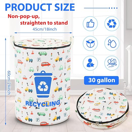 Jingmore 1 Pcs 30 Gallon Collapsible Trash Can Portable Reusable with Zippered Lid Garbage Can for Camping Parties Outdoor RV's Recycling, Yard Waste, Leaf Bag, Children Toy(Recycling Style)
