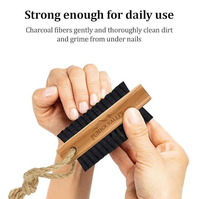 Wooden Cleaning Finger Nail Brush with Nylon Charcoal Bristles (Beechwood) | Double-Sided Fingernail Brush with Hanging Rope for Scrubbing Fingernails and Toes