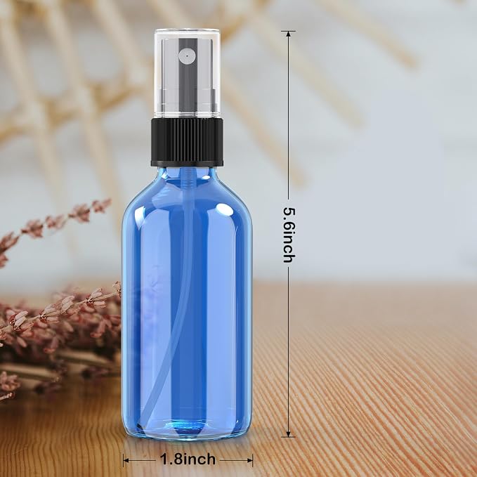 4 oz Mini Glass Spray Bottles, Empty Small Spray Bottles with Funnel Dropper, Fine Mist for Hair, Travel, Plants, Cleaning Solutions and Skin Care (4 Pack Sky Blue)