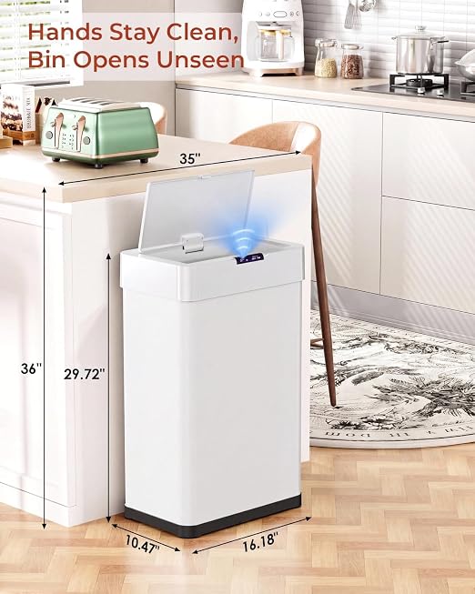 TLSUNNY 18.5 Gallon Motion Sensor Trash Can,Touchless Automatic Garbage Can | Brushed Stainless Steel Smart Bin ,with Bag Holder,Soft Close Lid,for Kitchen,Office,RV,Bedroom,Living Room (White, 70L)