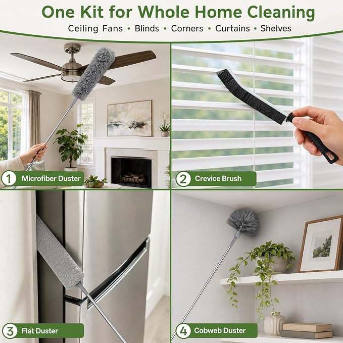 10-Piece Duster with Extension Pole, Cobweb Duster for High Ceiling | Spider web brush and flat gap cleaner for homes, apartments, fans, blinds, walls, furniture, cars and under appliances