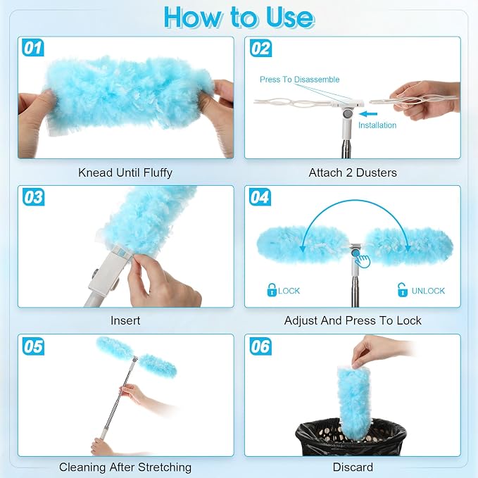 40 Pcs Heavy Duty Duster Refills with 6 ft Extendable Handle and 1 Pair of Gloves, Compatible with Swiffer 360° Disposable Microfiber Feather Dusters Kit for Cleaning Home(Blue)