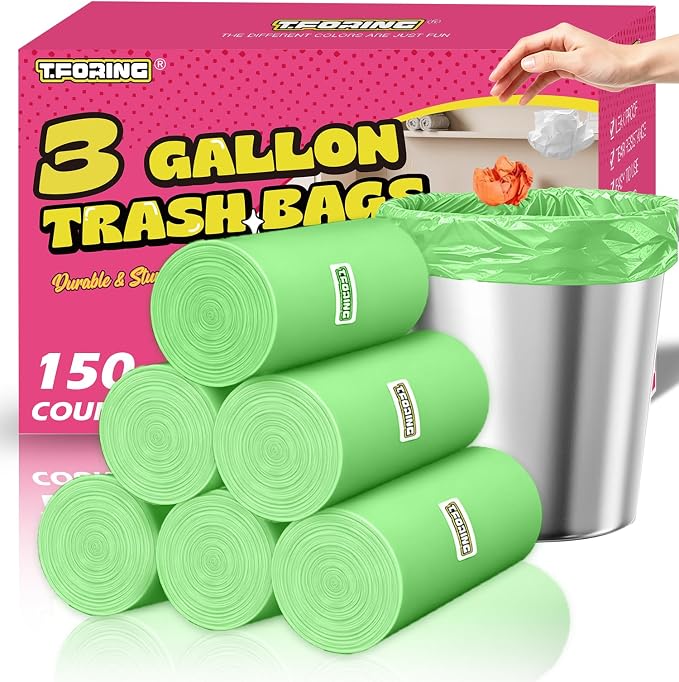 Small 3 Gallon Trash Bags Unscented, 0.78 Mil, Green, 150 Count | 12 Liter Garbage Bag, Plastic Waste Basket Can Liners, Durable, Leakproof, Tear Resistant, for Bathroom Office Car Bulk