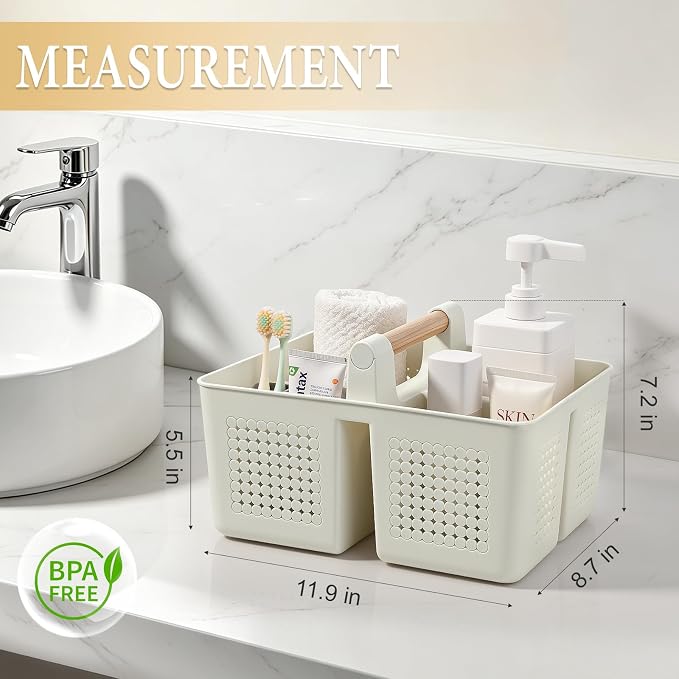 Portable Shower Caddy Basket Plastic Caddy Organizer with Handle Beige | Sturdy Drainage Large Capacity Cleaning Supplies Caddy Tool Storage for Bathroom Kitchen Bedroom College Dorm Essentials