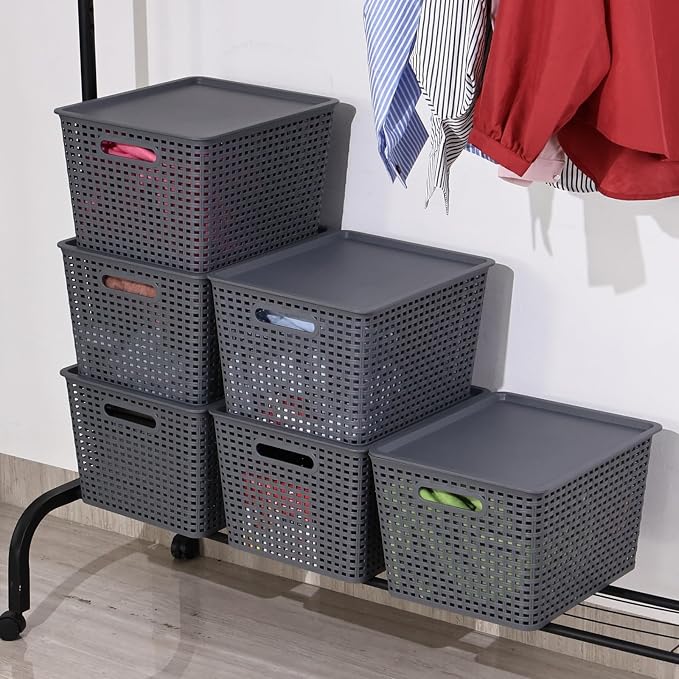 6 Pack Large Plastic Storage Baskets Bins with Lid, Gray | Stackable Storage Basket Organizer Bins with Lids for Organizing Shelves Pantry Closet, 14"x 11.65"x 8.66",