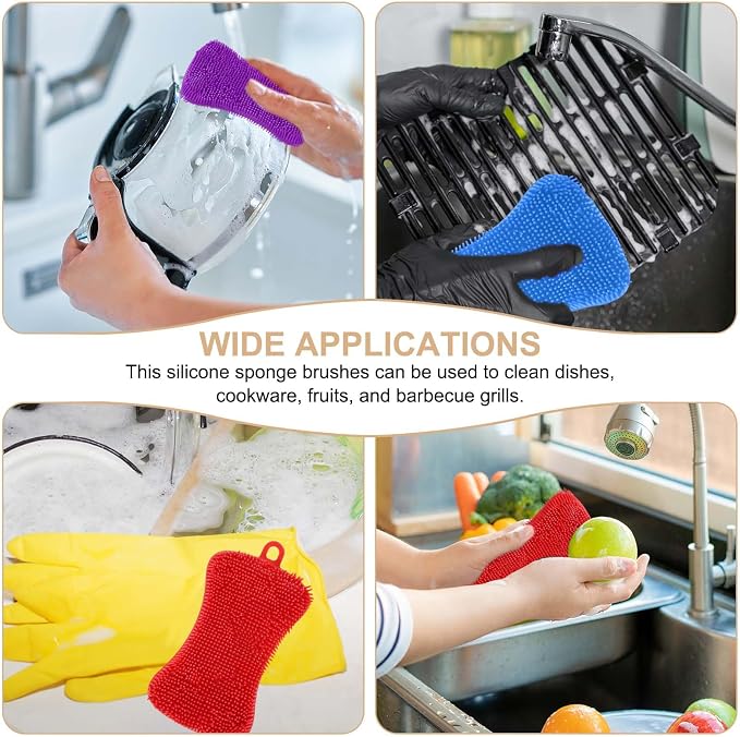 uxcell Silicone Dish Scrubber, 3 Pack Reusable Dishes Sponges Silicone Sponges Double Design for Kitchen Bathroom Cleaning Gadgets Accessories Countertop Cookware Pots Pans, Yellow