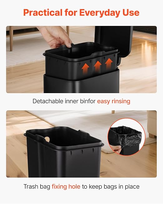 VEVOR Slim Bathroom Trash Can, 11.4 x 5.71 x 10.7 Inch Small Bedroom Trashcan with Step Pedal & Soft Close Lid, 6L Steel Garbage Can with Detachable Inner Bin, for Kitchen, Home, Dorm, Office, Black