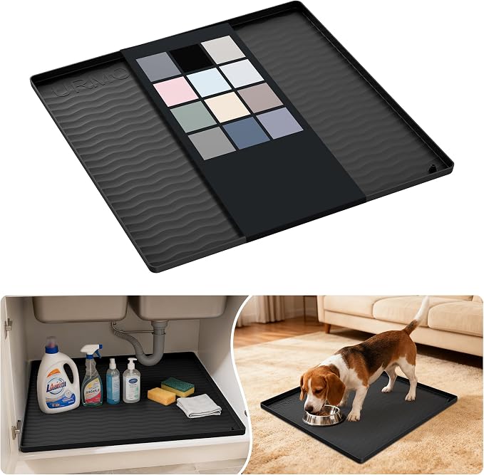 URMONA Waterproof Silicone Under Sink Mat 19'' x 19'' Shelf Liner for Kitchen and Bathroom, Cabinet and Counter Protector, Storage and Organizers, Litter Mat, Pet Cat Puppy Essentials(Black)