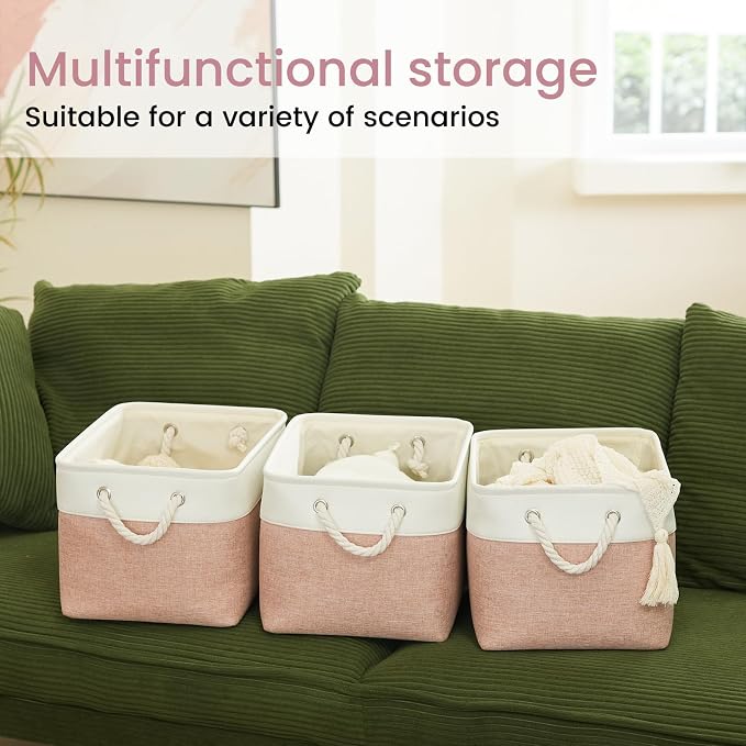 15x11x10 In Foldable Fabric Large Storage Bins with Handle 3 Pack | Organizer Baskets, Sturdy Metal Strand, Cardboard Support Molding, Storage Baskets for Shelves, Closet, Bedroom, White/Pink