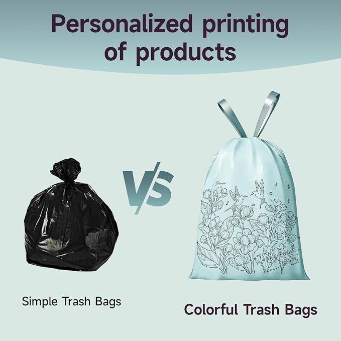 Jasmine Scented Small Garbage Bags,Trash Bags 4 gallon Drawstring For Bathroom,Office,Bedroom,Car,Suitable for 2-4 gallon trash can,colorful Print,Blue,50 Counts