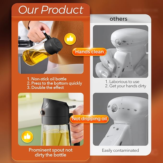 YARRAMATE 2Pcs 16oz/470ml 2 in 1 Oil Sprayer for Cooking with Stickers, Food-grade Glass Oil Spray Bottle, Oil Dispenser and Oil Sprayer for Kitchen, Salad, Frying, BBQ (White &Black) | Food-grade dispenser bottle, 470 ml, spray and pour, portion contr...